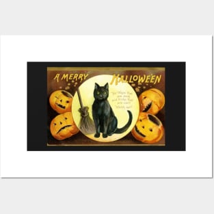 Victorian Halloween Black Cat with Pumpkins Greetings Posters and Art